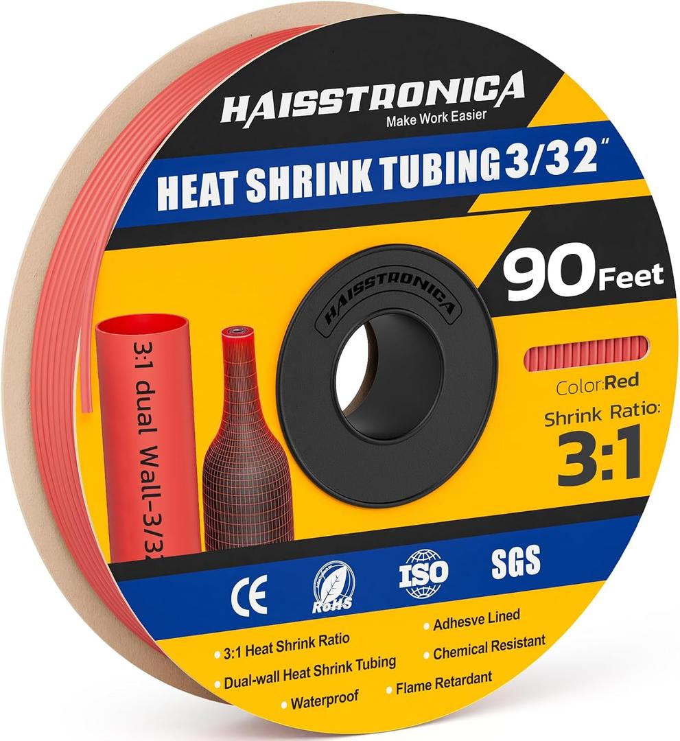 2 x haisstronica 3:1 Heat Shrink Tubing, Shrink Ratio Adhesive Lined Marine Grade Heat Shrink Tube for Home, Automotive and Industrial (Red) 90FT 3/32inch