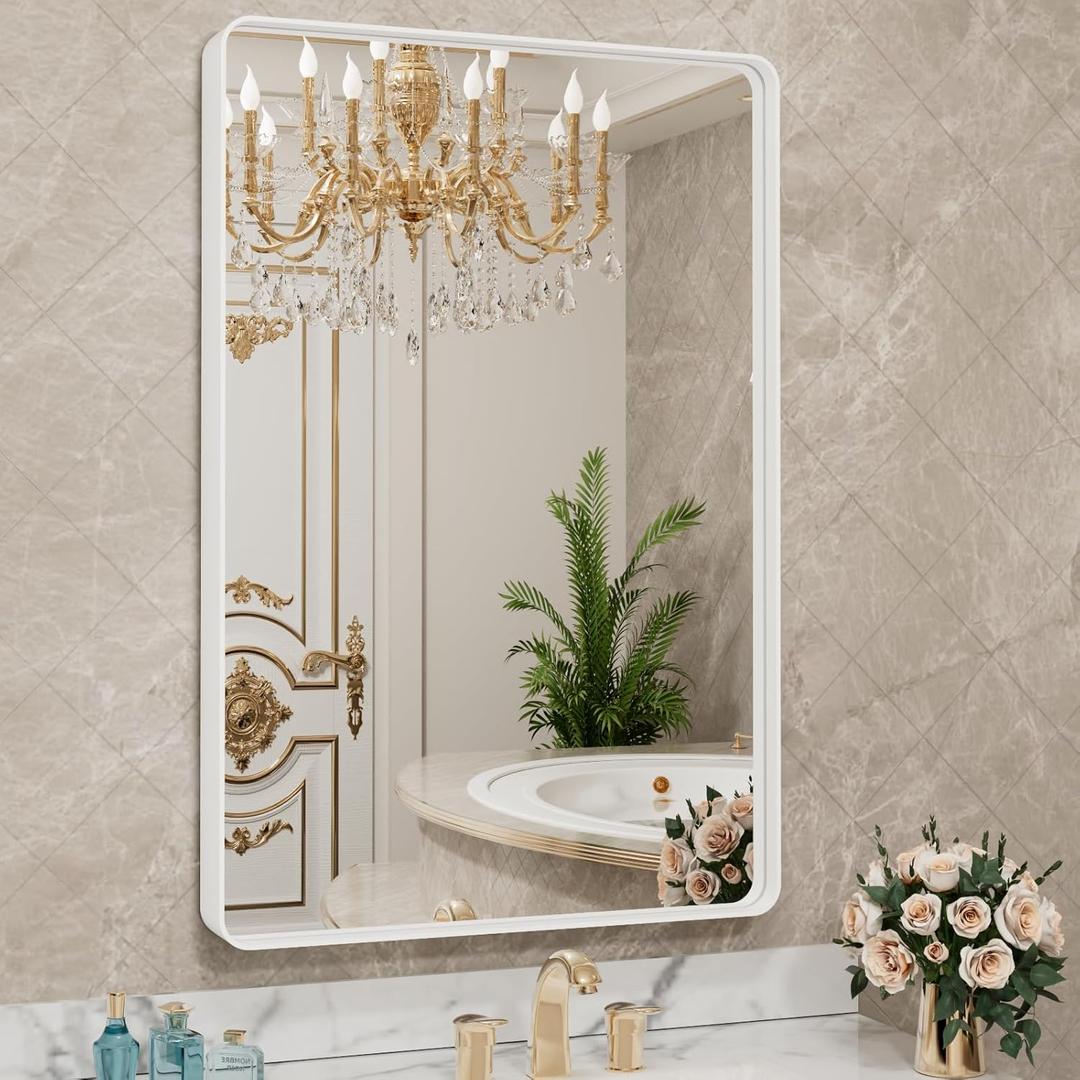 LOAAO 20x30 Inch White Metal Framed Bathroom Mirror for Wall, White Bathroom Vanity Mirror Farmhouse, Large Rounded Rectangle Mirror, Anti-Rust, Hangs Horizontally or Vertically