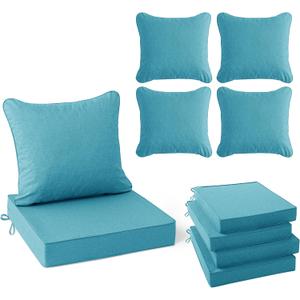 Summsun Faux Linen Outdoor Chair Cushions, Water Resistant Backrest and Deep Seat Cushion Set with Removable Cover, Straps, Non-Slip Bottom for Patio Furniture, 22 x 22 Inch, Teal, Set of 4