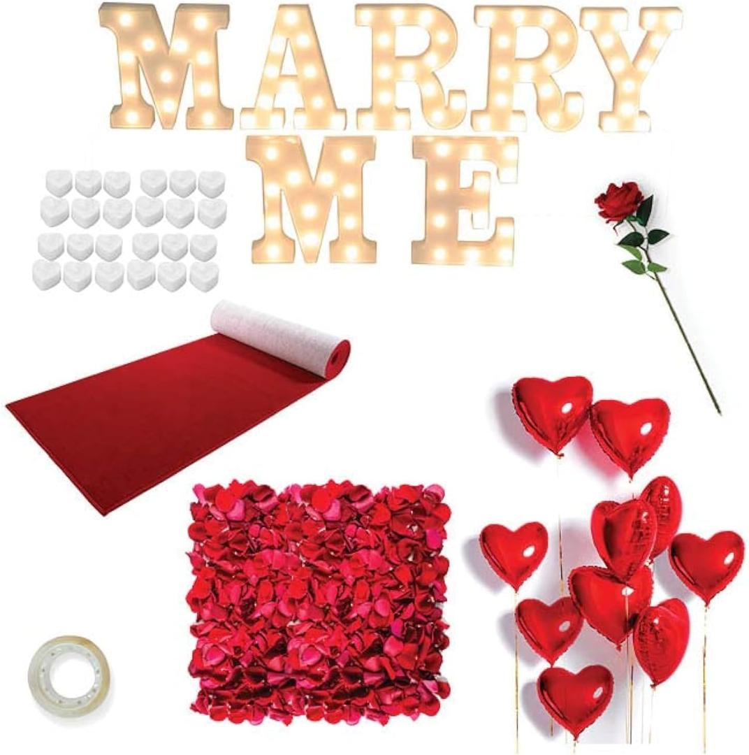 Proposal Decorations Kit, Marry Me Light Up Letters, 2000 Rose Petals, 24 Heart Shaped Romantic Candles, Red Carpet Aisle Runner 16 Feet, 10 Red Heart Balloons, 1 Engagement Rose Ring Box
