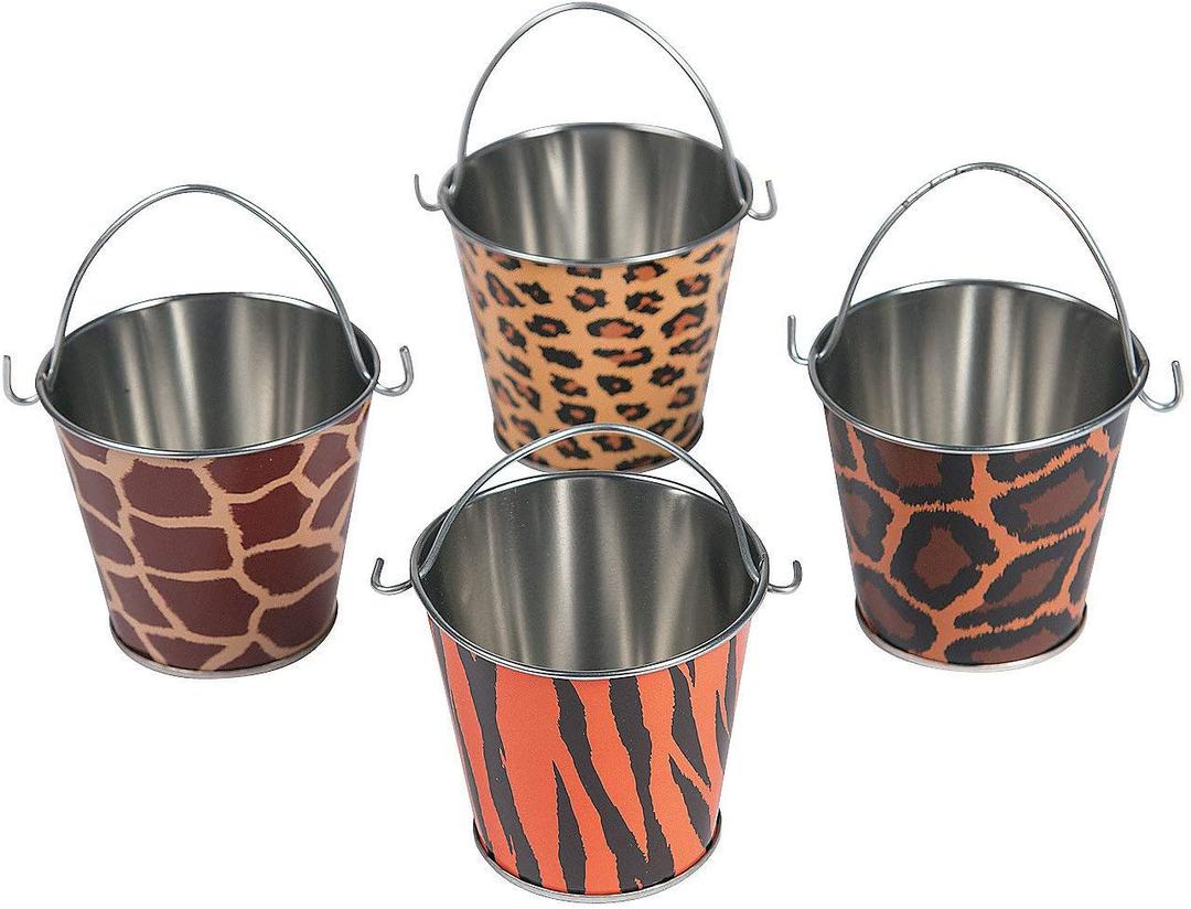 Fun Express Animal Print Safari Tin Pails (Set of 12) Party Supplies and Treat Favor Containers - VBS Vacation Bible School Supplies/Decor