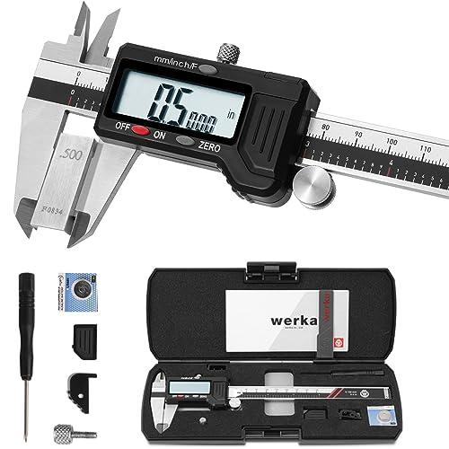 Werka Digital Caliper, 0-6” Calipers Measuring Tool, Auto-Off Micrometer Caliper with 0.001”High-Accuracy,Inch/Fraction/Millimeter Conversions Button,4 Measuring Ways, Stainless Steel Construction