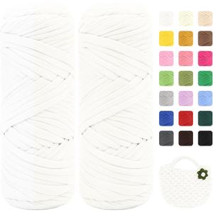 Premium T-Shirt Yarn 400g (2 Balls,200g/75m Each), T Shirt Yarn High Elastic Polyester Fabric for Crocheting Bags/Baskets/Rugs, Home Decor, DIY Crafts(White)