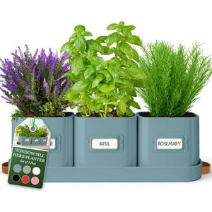 volila Herb Planter Indoor - Set of 3 Teal Blue Indoor Herb Garden Pots for Plants with Leather Handled Tray - Window Sill Plant Shelf - Herb Pots with Drainage Holes and Labels