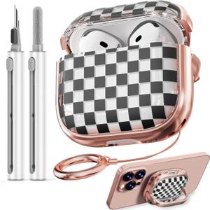 Inesore with Safety Lock for AirPods 4 Case,Clear Floral Cute AirPod 4th Generation Case for Women Girly with Cleaner Kit and Keychain- Gold Checkerboard