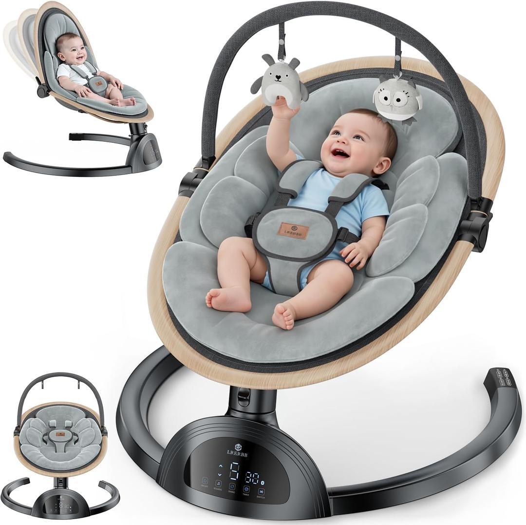 Electric Baby Swings for Infants, Infant Swing with Music Speaker, 3 Seat Positions, 5 Speeds and Remote Control for Newborn Boy Girl, Indoor & Outdoor Use, Black