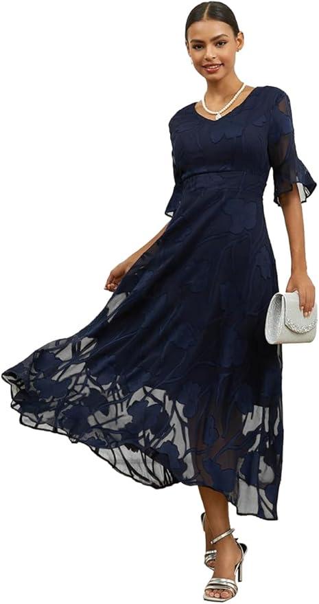Ruffle Lace Dresses for Women Casual Flutter Sleeve Chiffon Maxi Dress Elegant Flowy Semi-Formal Dress Loose & Extra Long Dark Blue, Size: M