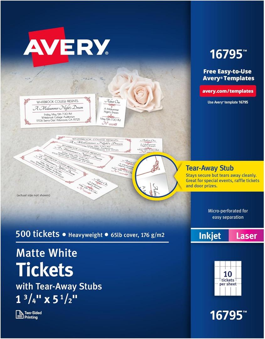 Avery Printable Tickets with Tear-Away Stubs, 1.75" x 5.5", Matte White, 500 Blank Tickets for Laser and Inkjet Printers (16795)