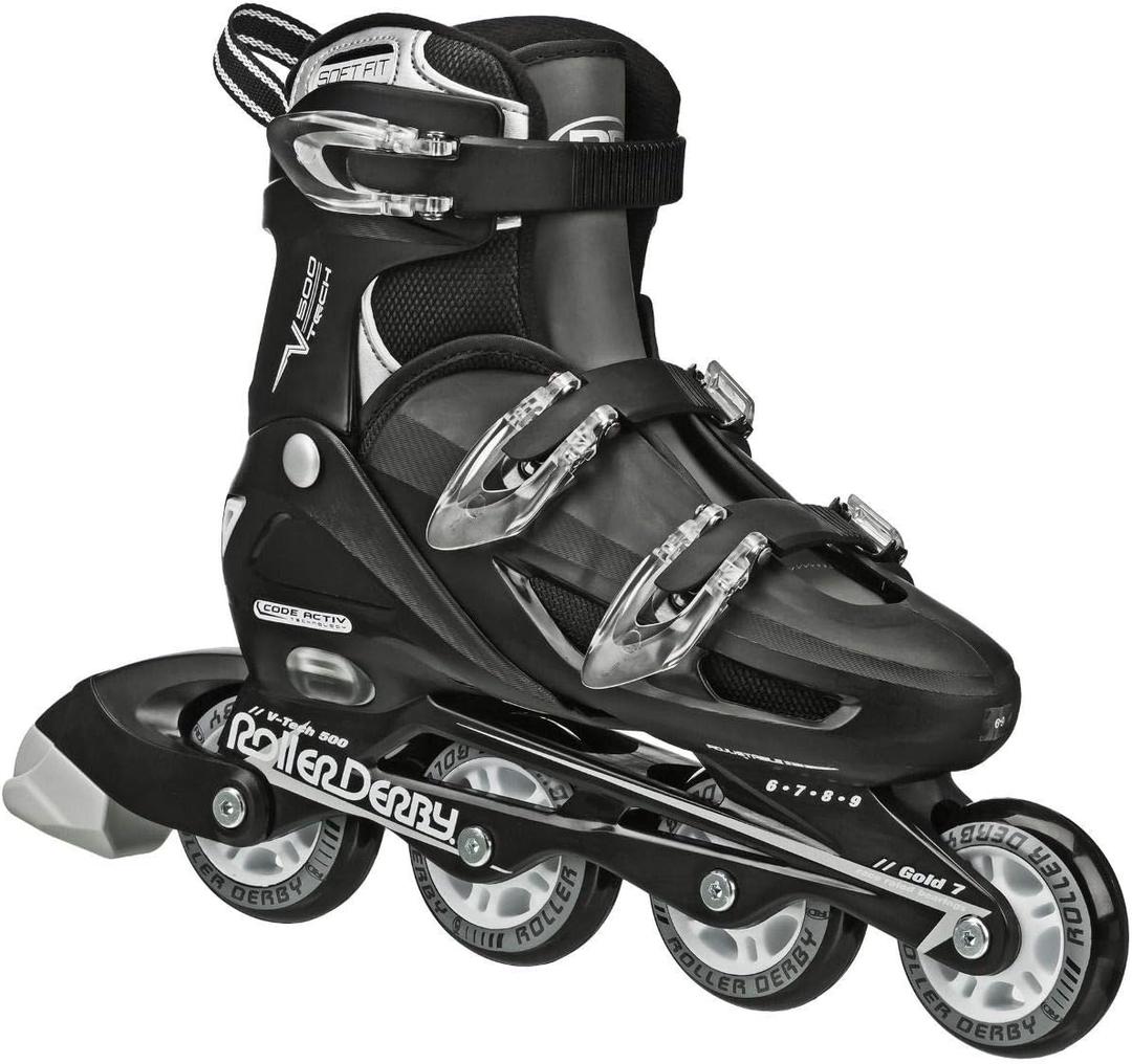 Roller Derby V-Tech 500 Adjustable Performance Inline Skates for Men, Women, Kids, Teens, Large (6-9), Black
