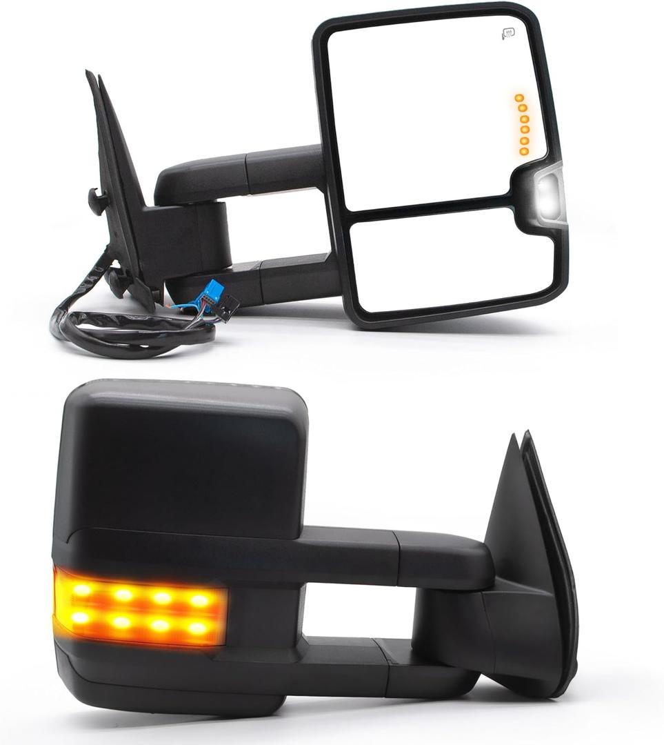 BOOLEE Towing Mirrors Compatible with 2003-2006 Chevy Silverado 1500 2500 3500 GMC Sierra Yukon Tahoe Power Heated Turn Signal Light Arrow Lamp Manual Flip Up Pickup Truck Tow Mirrors LH RH Black