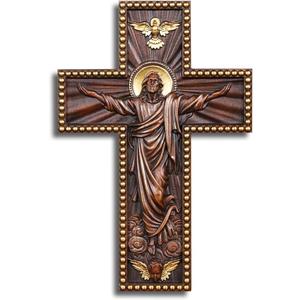 QIADGE Exquisitely Carved Ascension of Jesus Cross, Vintage Religious Wooden Statue, Wall Hanging or Tabletop Home Decor (13.7 * 10.7 in)