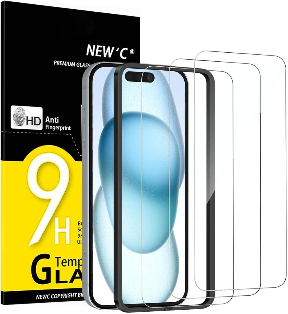 NEW'C 3 Pack Designed for iPhone 16, iPhone 15 Screen Protector (6.1 inches),Enhanced Tempered Glass Protection with easy installation tool included,Ultra Resistant | Tempered Glass, Case Friendly, Ultra Resistant (Transparent)