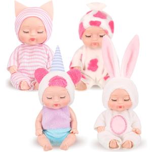 Hanaive 4 Pcs 4 Inch Mini Baby Dolls Lifelike Realistic Baby Dolls Animal Clothes Cute Tiny Gifts for Kids Birthday Party(Lovely Style)
