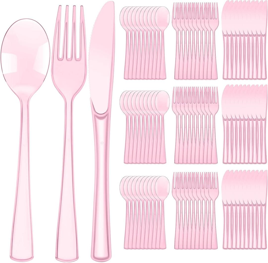 Minatee 150 Pieces Disposable Cutlery Set Plastic Silverware Heavy Duty Utensil Sets 50 Forks 50 Knives 50 Spoons for Home Office School Party Picnics Restaurant Outdoor Events (Pink)