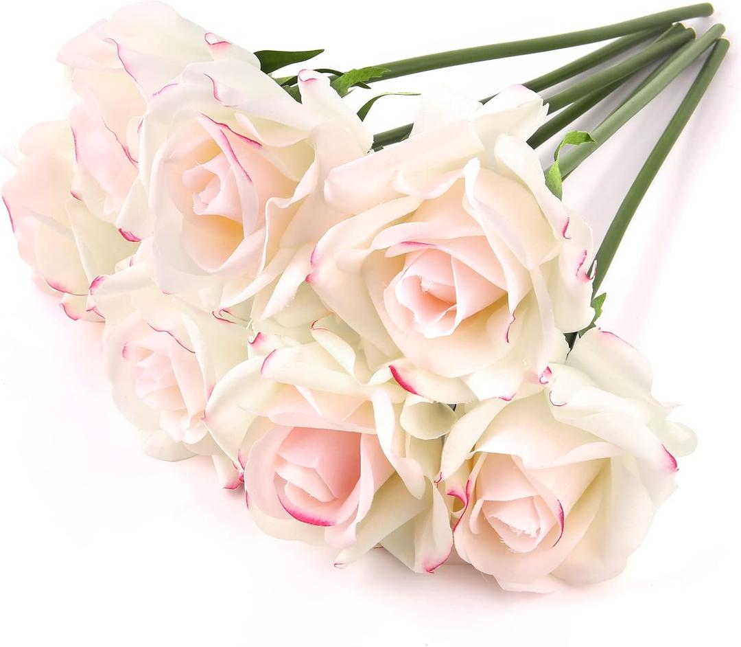 Eyamumo Fake Flowers, Faux Silk Real Touch Artificial Rose Flowers for Decoration DIY, Wedding Party, Home Office Decoration and Dining Table Centerpiece, 7Pcs (WhitePinkEdge-30cm, 30CM) (11.81'')