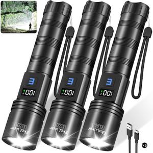 3Pack Rechargeable Flashlights High Lumens, Super Bright Flashlight with LCD Digital Display, 5Modes Adjustable LED Flashlight Tactical Flashlights High Powered, Flash Lights for Emergency