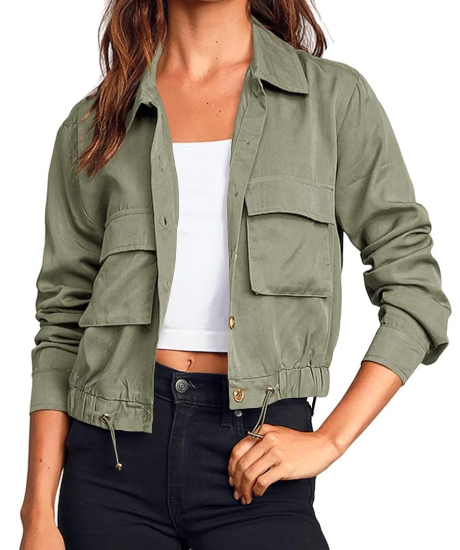 Onedreamer Women's Military Safari Cropped Jackets Button Down Lightweight Oversized Utility Anorak Coat with Pockets, Medium