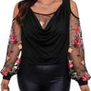 WDIRARA Women's Plus Size Floral Embroidered Tees Sheer Mesh T Shirt Cold Shoulder Long Sleeve Tops (XX-Large Plus, Black)