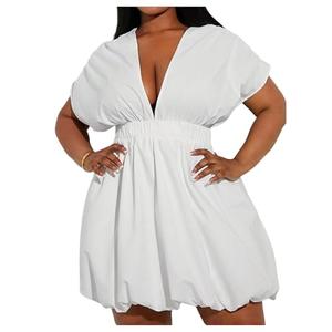 WDIRARA Women's Plus Size Deep V Neck Bubble Dress Short Sleeve A Line Mini Dresses White 3X-Large Plus