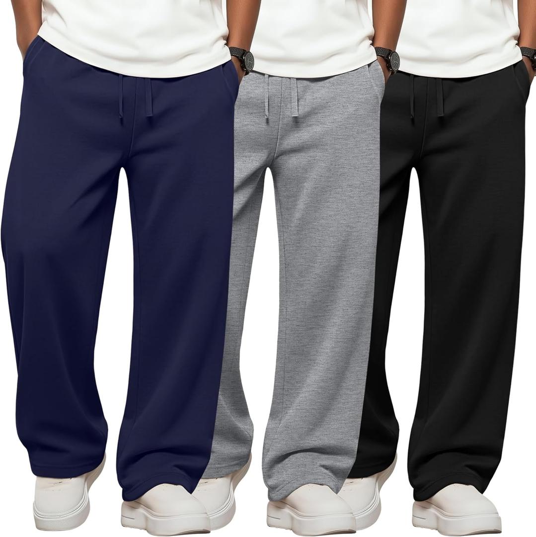 3 Pack Boys Sweatpants Straight Leg Athletic Open Bottom Joggers Lightweight Drawstring Kid Pants with Pockets (X-Large, Black, Navy Blue, Gray)