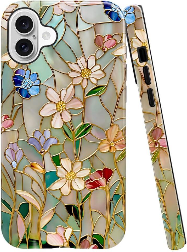 Case Compatible with iPhone 16,Fall Prevention Bright Hybrid 2-Layer Hard Shell Phone Case for Girls Boys,Stained Glass Bloom Flower