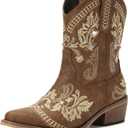 Rivalran Brown Cowboy Boots for Women - Western Cowgirl Boots With Classic Embroidered Sparkly Rhinestone, Pointed Toe Chunky Heel Pull on Short Booties, Ankle High Vintage Booties for Ladies Size 8