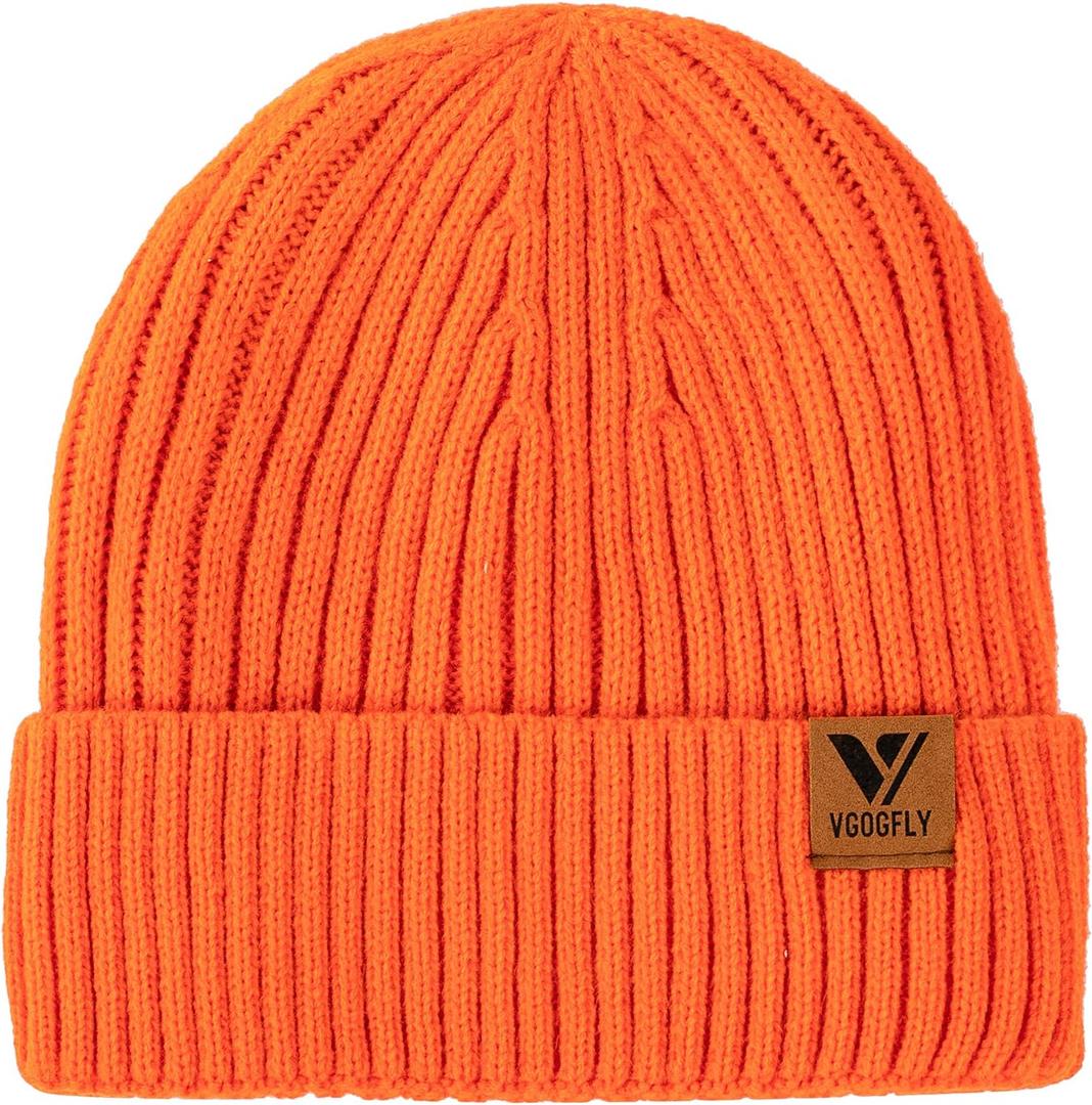 Vgogfly Lined Men Beanie Slouchy Knit Skull Cap Warm Stocking Hats Guys Women Striped Winter Beanie Hat (Bright Orange)