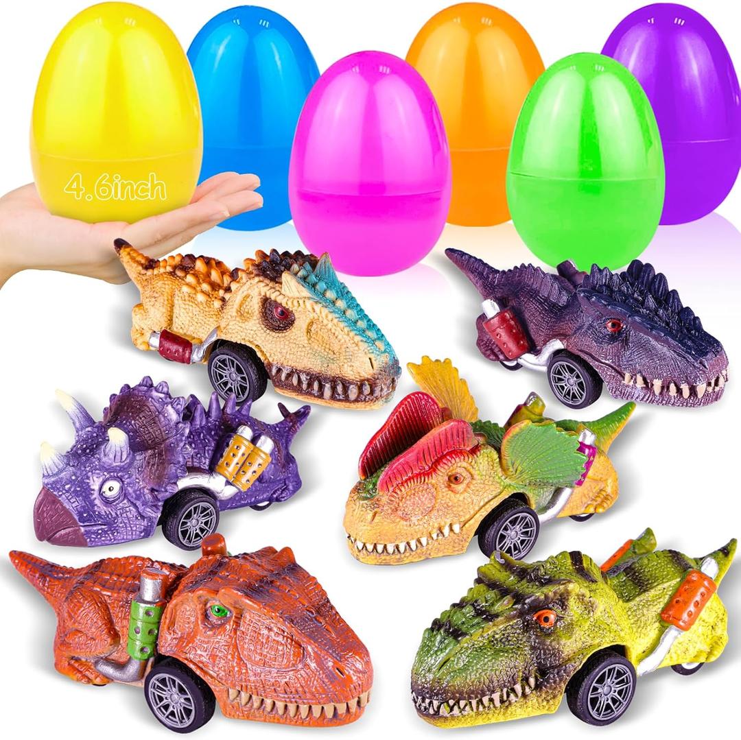 AMENON 6 Pack 4.6" Large Easter Eggs Filled with Dinosaur Pull Back Car Toys, Easter Basket Essential Stuffers,Eggs with Toys Inside Pull Back Vehicles for Kids Toddlers Boys Girls Party Favors Gifts