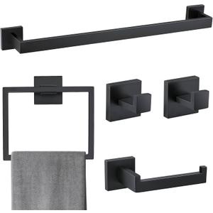 5 Pieces Bathroom Hardware Accessories Set Matte Black Towel Bar Set Towel Holder Racks Set for Bathroom,SUS304 Stainless Steel,Wall Mounted 23.6-Inch