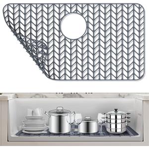 AWOKE Silicone Sink Protectors for Kitchen Sink, 26''x 14'' Folding Non-slip Sink Mat Grid, for Bottom of Farmhouse Stainless Steel Porcelain Sink with Rear Drain (Grey)