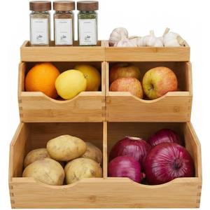 Bamboo Pantry Storage Bins Set 5 Pieces - Stackable Baskets, Potato and Onion Storage, Bamboo Wood Storage Bins for Pantry Baskets Organization and Storage, Kitchen Essential