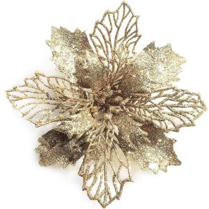 GL-Turelifes 12 Pieces 6.3 Glitter Christmas Flowers Champagne Poinsettia Artificial Flower Christmas Tree Flowers Wreath Tree Ornaments with 12 Pcs Green Flower Stem