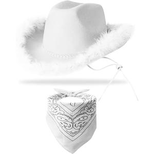 Cowboy Hat with Bandana - Feather Boa Cowgirl Hat for Women & Men,Bachelorette Party Halloween Dress-Up (Pure White)