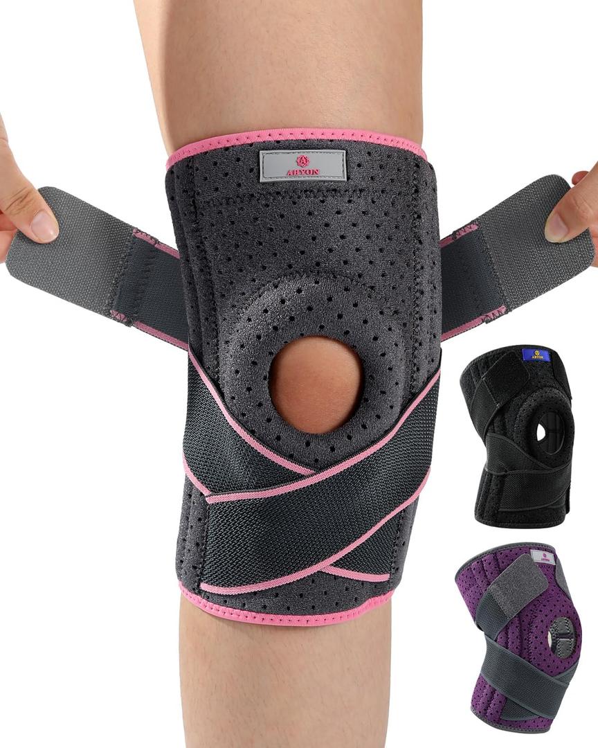 ABYON Adjustable Knee Brace for Meniscus Tear - Maximum Knee Support for Men and Women with Dual Side Stabilizers & Crossed Compression Straps for ACL, MCL, LCL, Patella Injury and Post-Surgery Recovery - Please Check Sizing Video Before Buying (2X-Large/3X-Large (Pack of 1), Gray-pink)