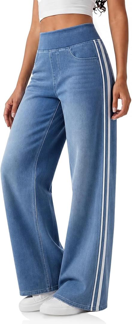 Cicy Bell Womens Pull On Jeans Wide Leg Stretchy Side Striped Denim Pants (Blue, M)
