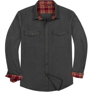 Alimens & Gentle Men's Solid Flannel Shirt Work Long Sleeve Casual Button Down Shirts Outdoor Cotton Warm Shacket (XL, Dark Grey)