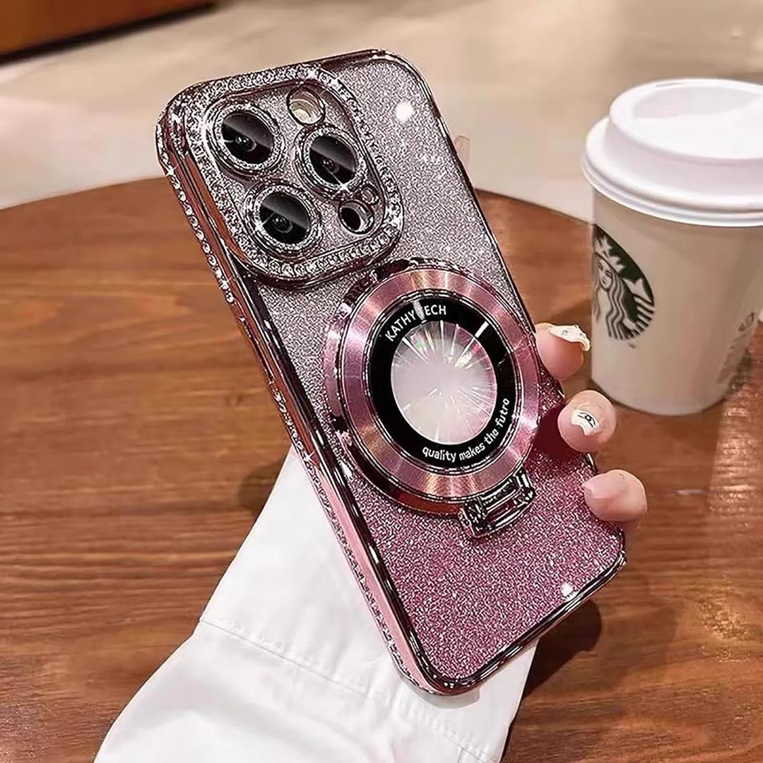 SMARTFOX Magnetic Kickstand Case for iPhone 15 Pro with Glitter Lens Protector, Compatible with Magsafe, Luxury Bling Diamond Cover Glitter Rhinestone Phone Case Women (Pink, for iPhone 15 Pro 6.1")
