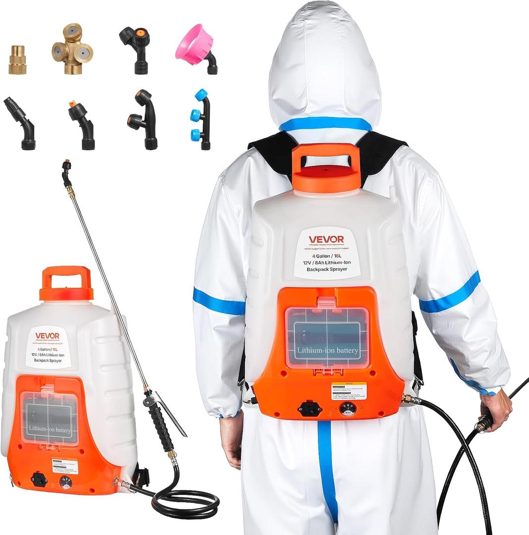 VEVOR Battery Powered Backpack Sprayer, 4 Gallons Electric Lawn Sprayer with 8 Nozzles & 2 Telescopic Wands, 90PSI Adjustable Pressure, 4-6 Hour Runtime, Yard Sprayers for Lawn and Garden