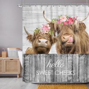 Farmhouse Highland Cow Shower Curtain 60Wx72H Inch Rustic Bull Western Funny Animal Floral Wood Board Shower Curtain Bathroom Set Vintage Waterproof Bath Decoration Accessories Home Decor
