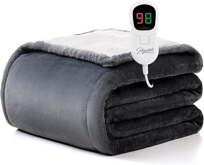 Homemate Heated Blanket Electric Throw - 50"x60" Heating Blanket Throw 1/2/4/6/8 Hours Auto-Off 10 Heat Level Over-Heat Protection Flannel Sherpa ETL Certification Balck