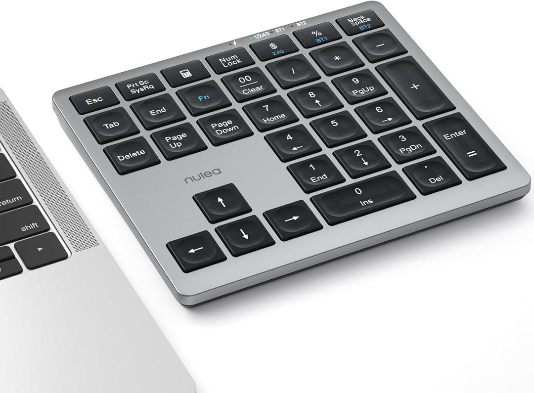 Nulea Wireless Number Pad Bluetooth 5.0 & 2.4G Portable Numeric Keyboard, USB-C Rechargeable, 34-Keys Bluetooth Keyboard for Data Entry, Compatible for Laptop, Mac, iMac, Tablet, PC Desktop