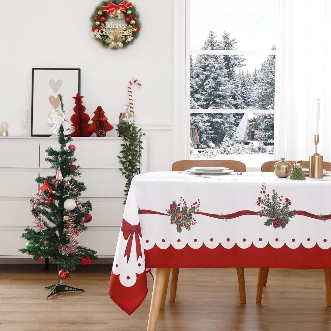 Wewoch Christmas Tablecloth 60"x104" Water Resistant Polyester Table Cloth with Ribbon Print Ideal for Indoor Dining Holiday Dcor