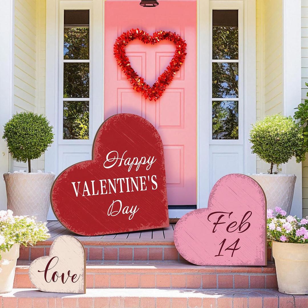 3 Piece Valentines Decorations Outdoor Large Heart Wooden Porch Signs Valentines Wood Love Ornaments Sign for Front Door Home Farmhouse Garden Patio Wedding(Classic Style) (3 different sizes)