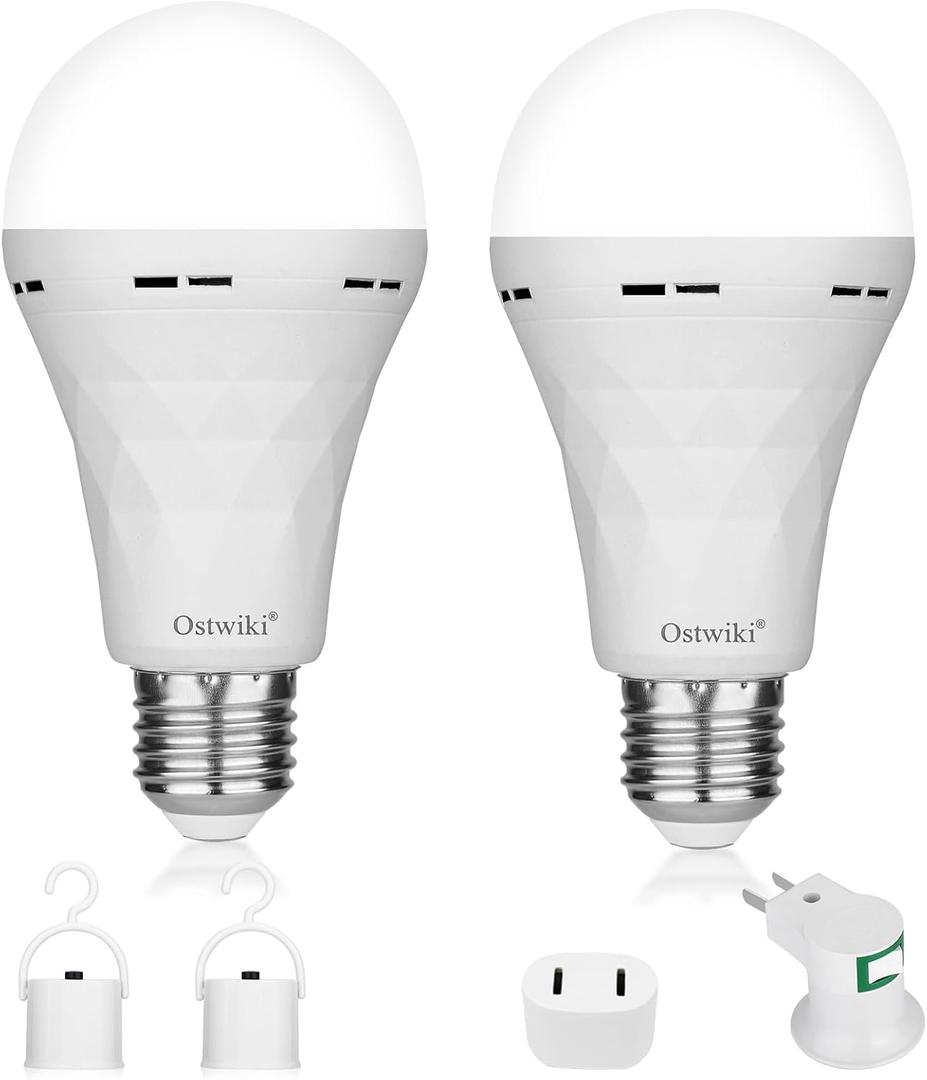 2 Pack Emergency Rechargeable Light Bulbs,Battery Operated Backup Light Bulb 9W E27 8500K 1200mAh White Equivalent Self-Charging LED Light Bulbs for Power Outage Camping Outdoor Activity