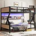 Bellemave Queen Over Queen Size Bunk Bed Frame with Storage Shelves and LED Lights,Heavy Duty Adult Bunk Beds with Angled Ladder,Metal Queen Bunk Bed,Woodgrain