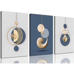 3Pcs Framed Modern Abstract Canvas Wall art Blue White Luxury Gold Graphic Wall Decor Pictures Minimalist Medieval Geometric Poster Prints for Living Room Bedroom Office Home Decoration 16x24in