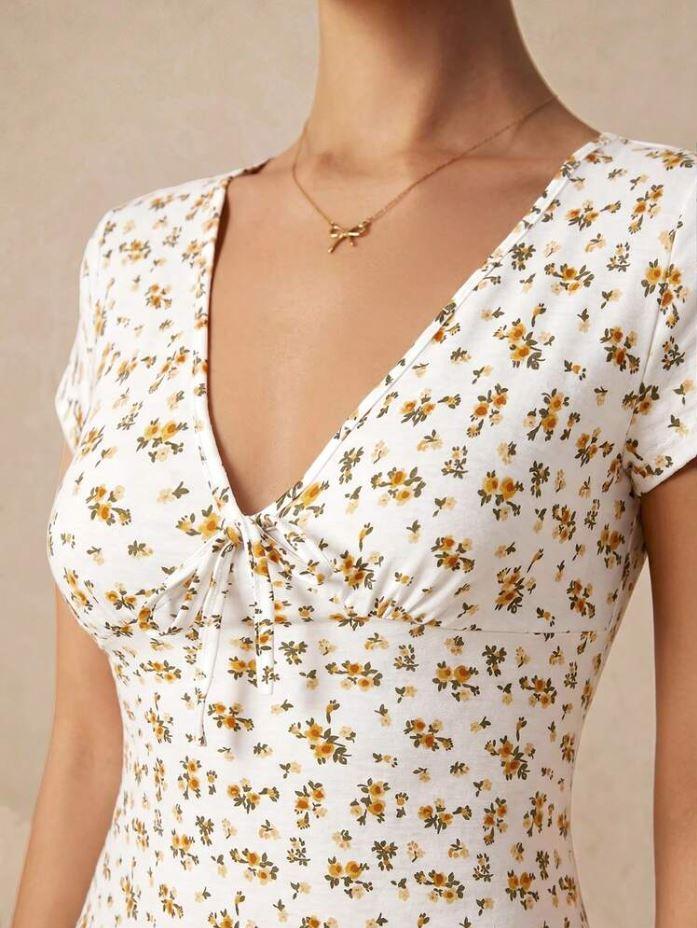Women's Fashion Sweet V-Neck Floral Print A-Line Dress, Dresses, Spring Beach Vacation Date Y2k Cottagecore Summer, Cute White Floral Floral