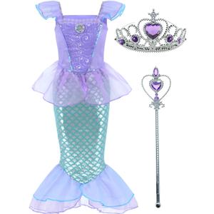 Little Girls Mermaid Princess Costume Dress for Girls Dress Up Party with Crown Mace (5-6 Years, Pink)