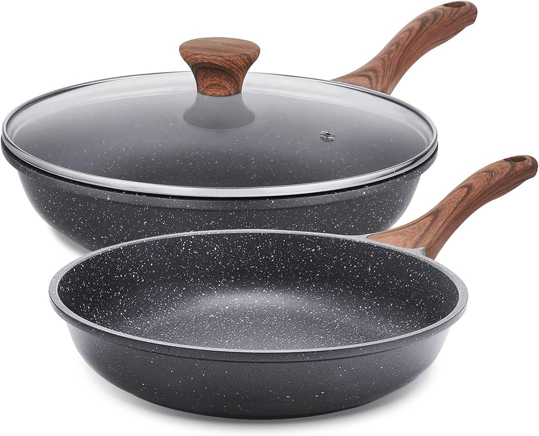 SENSARTE Nonstick Frying Pan Skillets, Swiss Granite Coating Omelette Pans, Healthy Cookware Chef's Pan, Free of Intentionally Added PFOA (8+11Inch with Lid) (Gray)