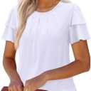 Uhiger Short Puff Sleeve Tops for Women Ruffle Blouse Pleated Summer Shirt Dressy Casual Beach Vacation Clothes, Small, White